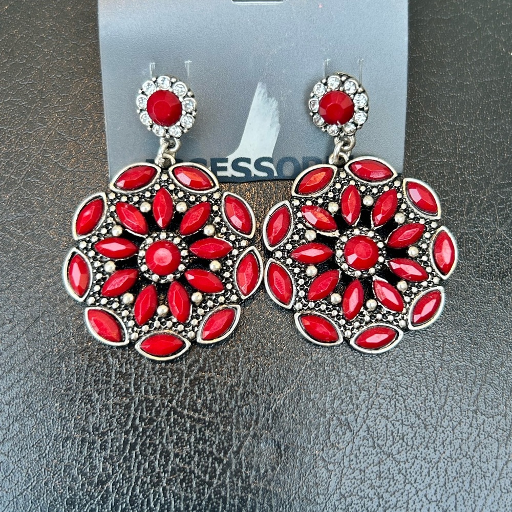 Red and Silver Floral Earrings